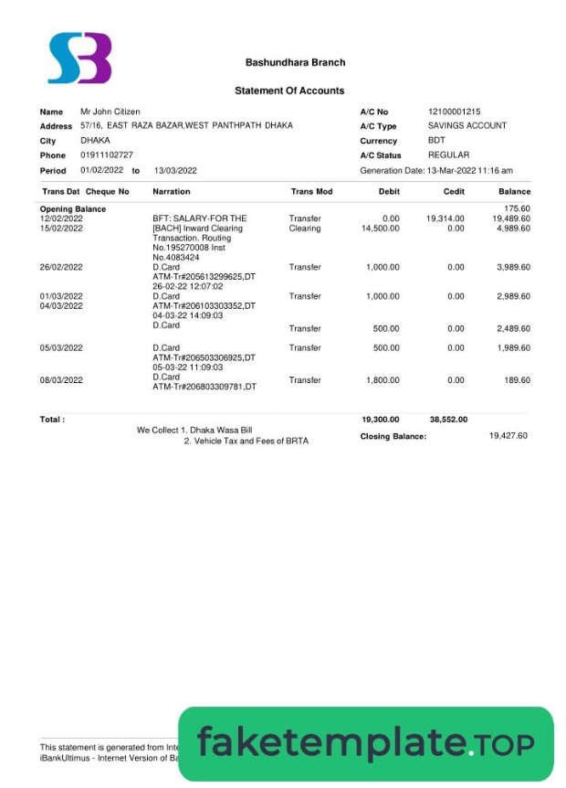 Feature of fake Bangladesh SB bank statement